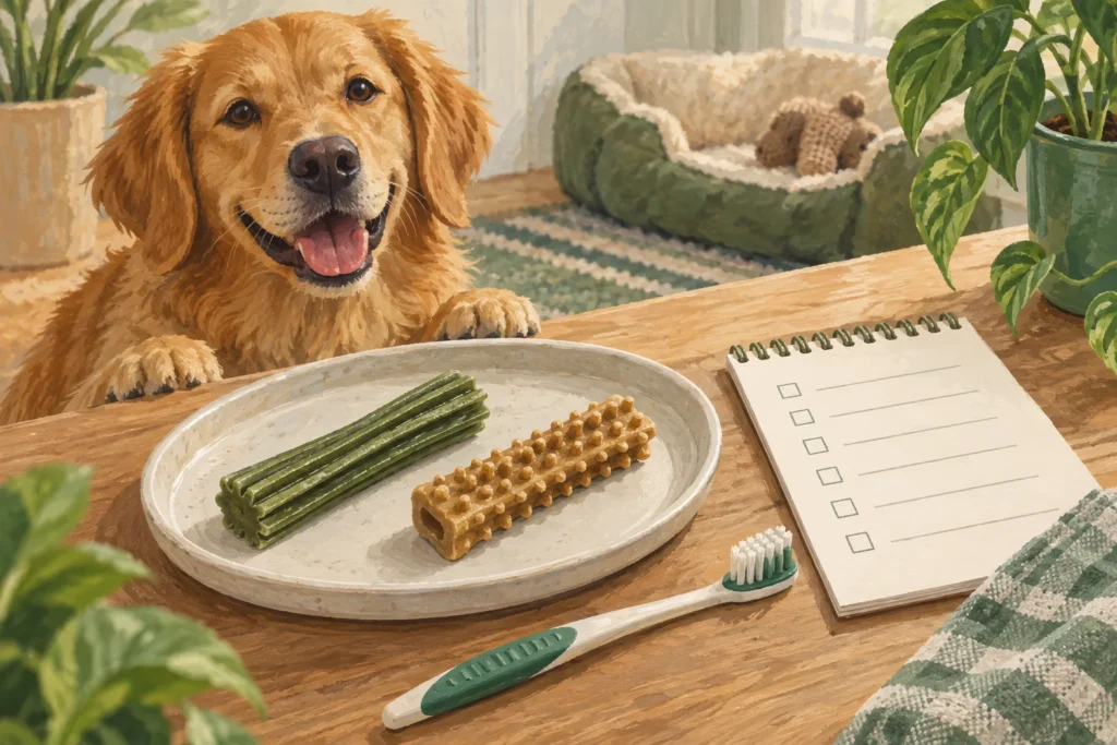 Illustration: Two distinctly shaped but generic dental chews on a plain tray beside a dog's toothbrush and a blank buying checklist.
