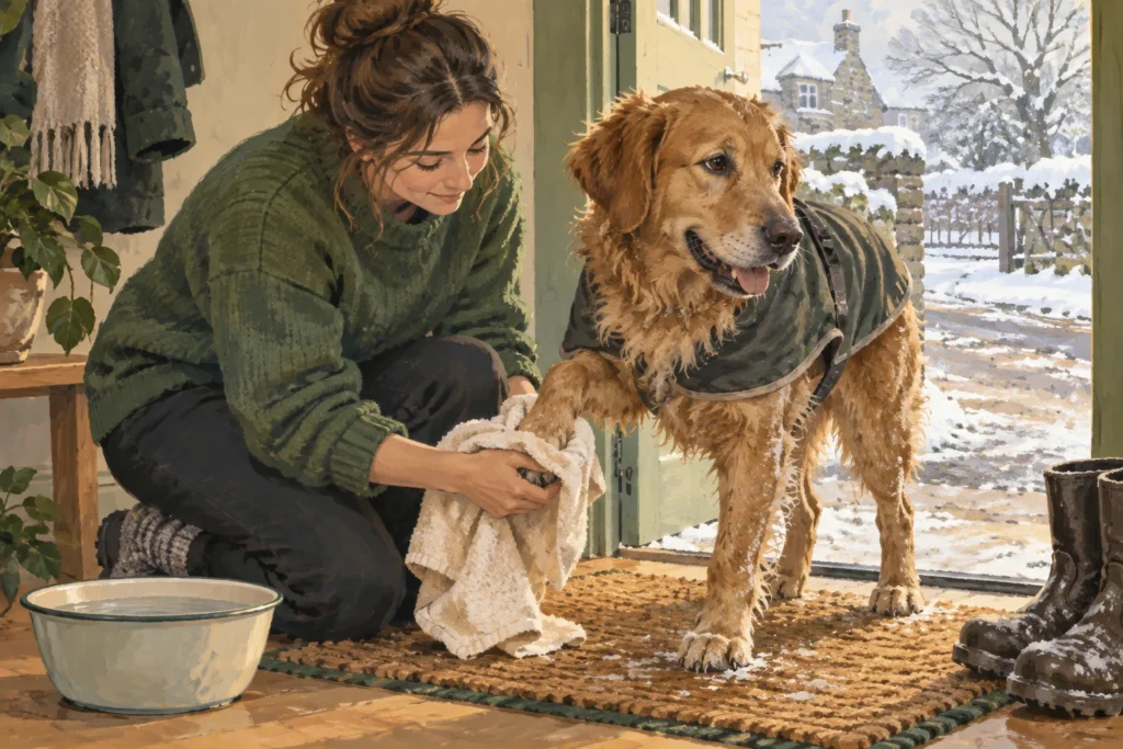 Illustration: An owner gently rinsing and drying a dog's paw on an entrance mat after a winter walk, with light snow and gritted pavement visible outside.