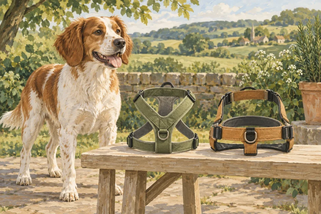 Illustration: A generic Y-front body harness and a generic horizontal chest-strap harness displayed side by side on a light wooden bench.